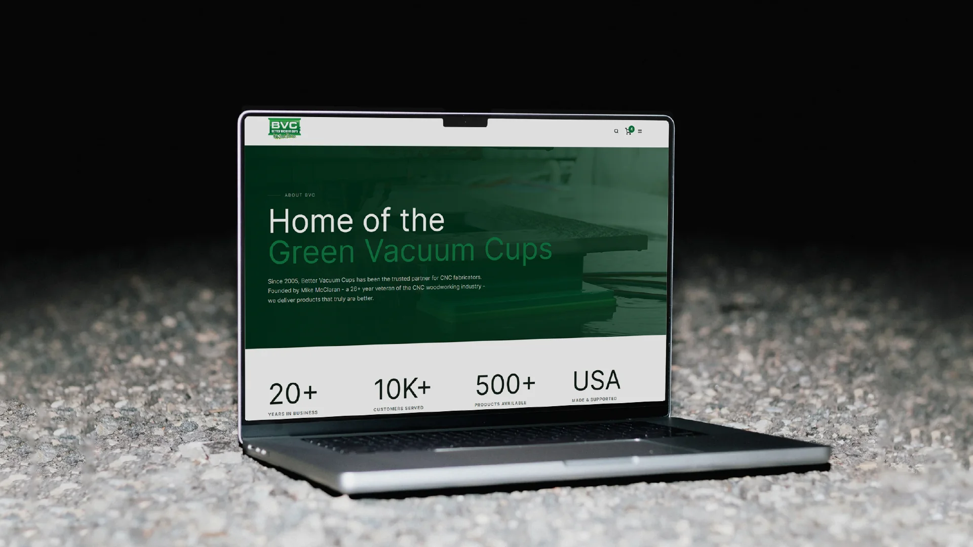 Better Vacuum Cups redesigned homepage on a laptop
