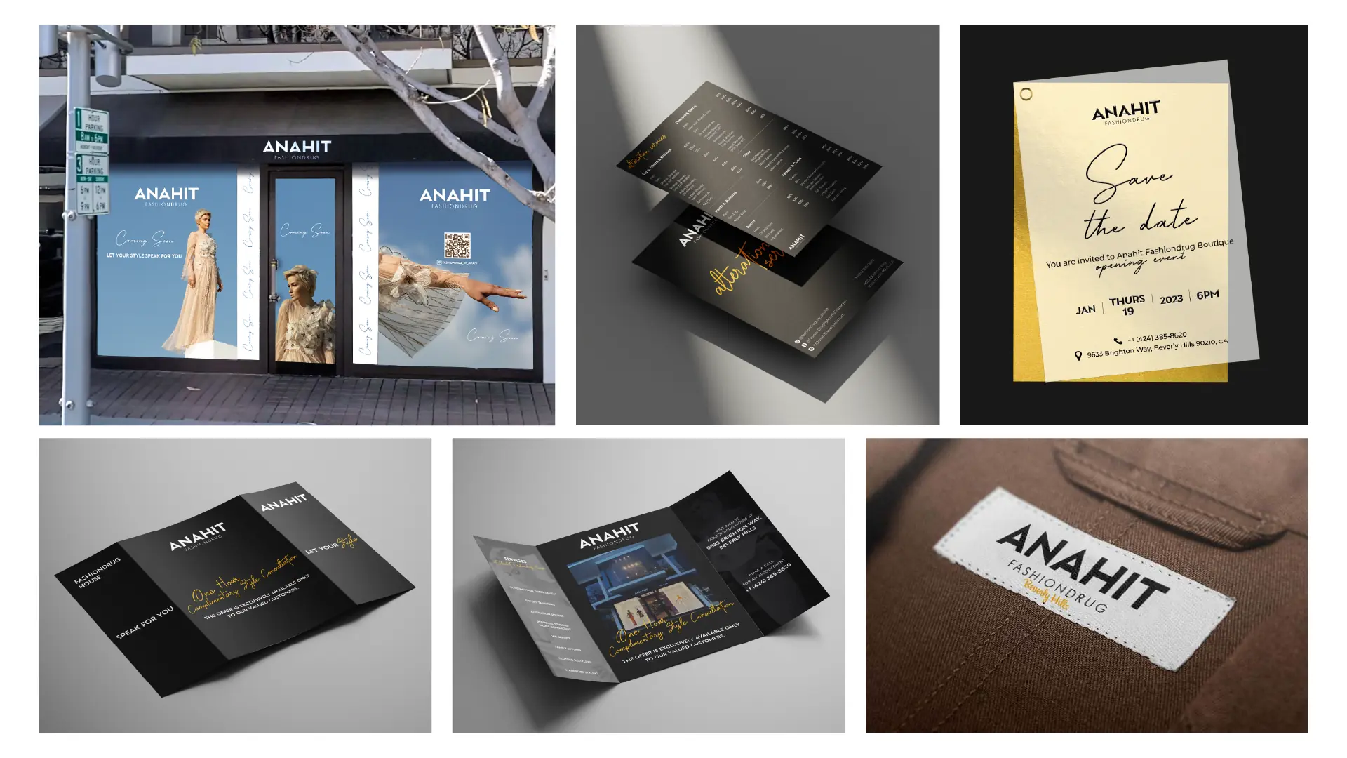 Anahit Fashiondrug storefront signage, price lists, opening-event invitation, tri-fold brochure and garment label