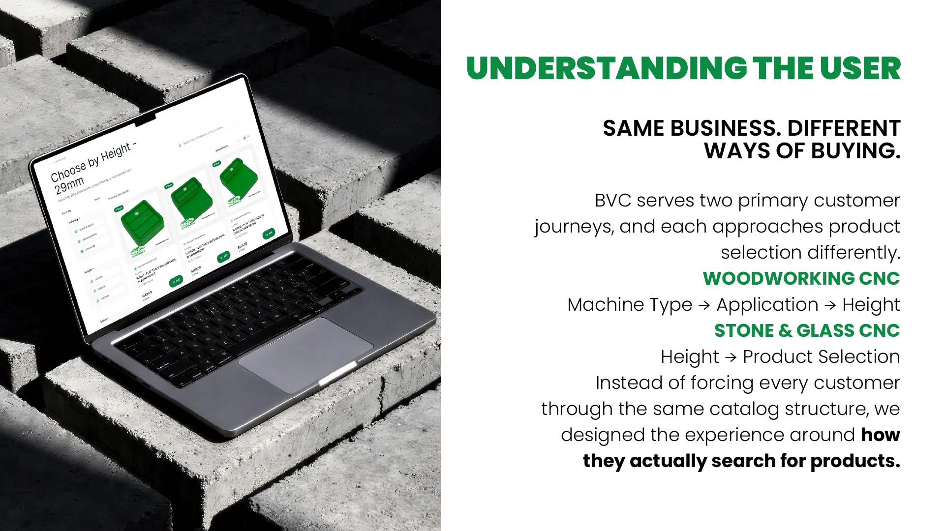 Better Vacuum Cups user journeys for woodworking and stone-and-glass CNC customers