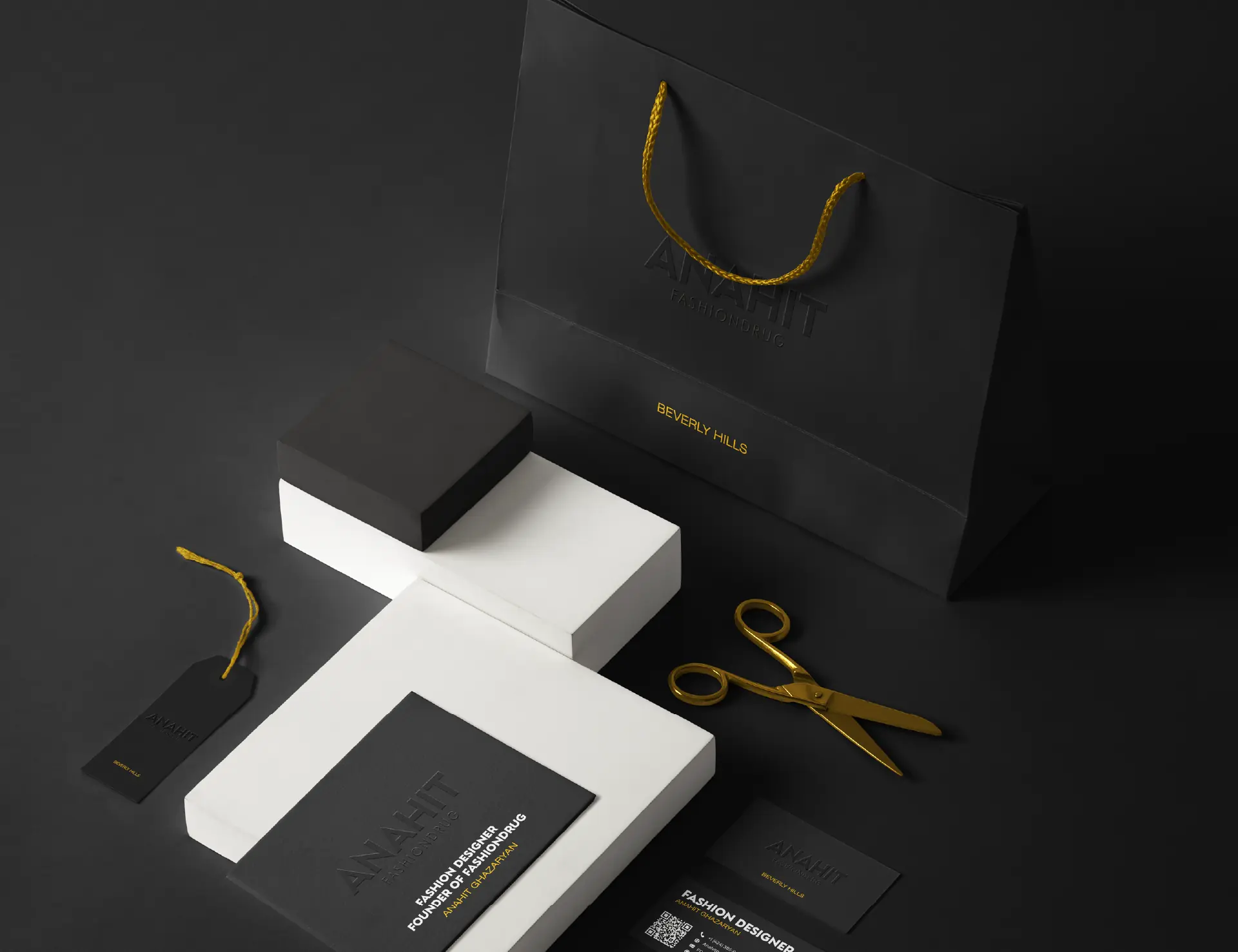 Anahit Fashiondrug stationery: shopping bag, boxes, business cards and hang tag