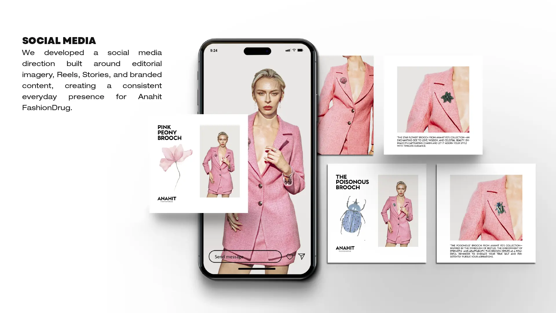 Social media direction for Anahit Fashiondrug built around editorial imagery, Reels and Stories