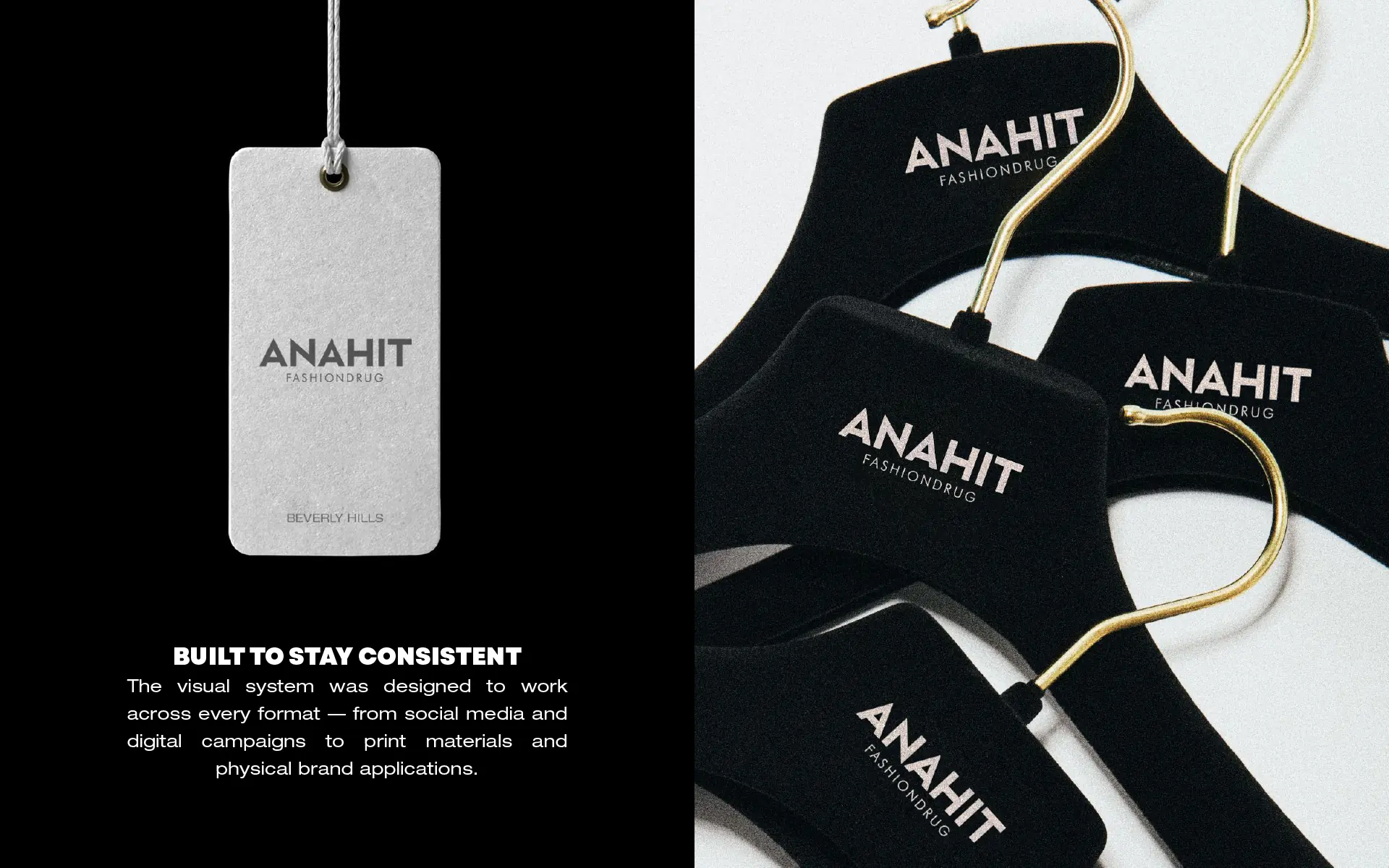Built to stay consistent: Anahit Fashiondrug hang tag and branded velvet hangers