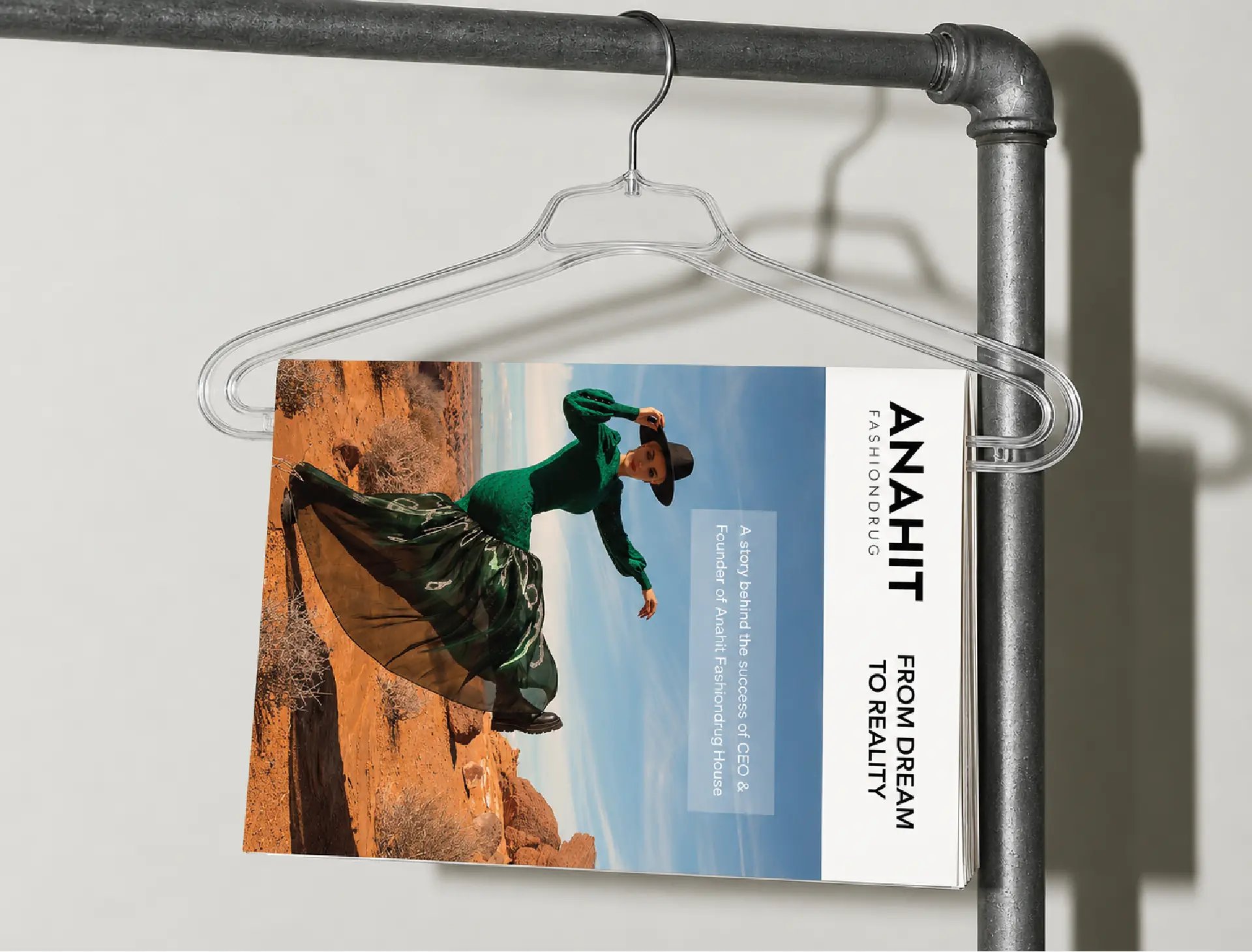 Anahit Fashiondrug brochure, from dream to reality, hanging on a clothes rail